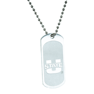 A dog tag necklace with the Utah State logo.